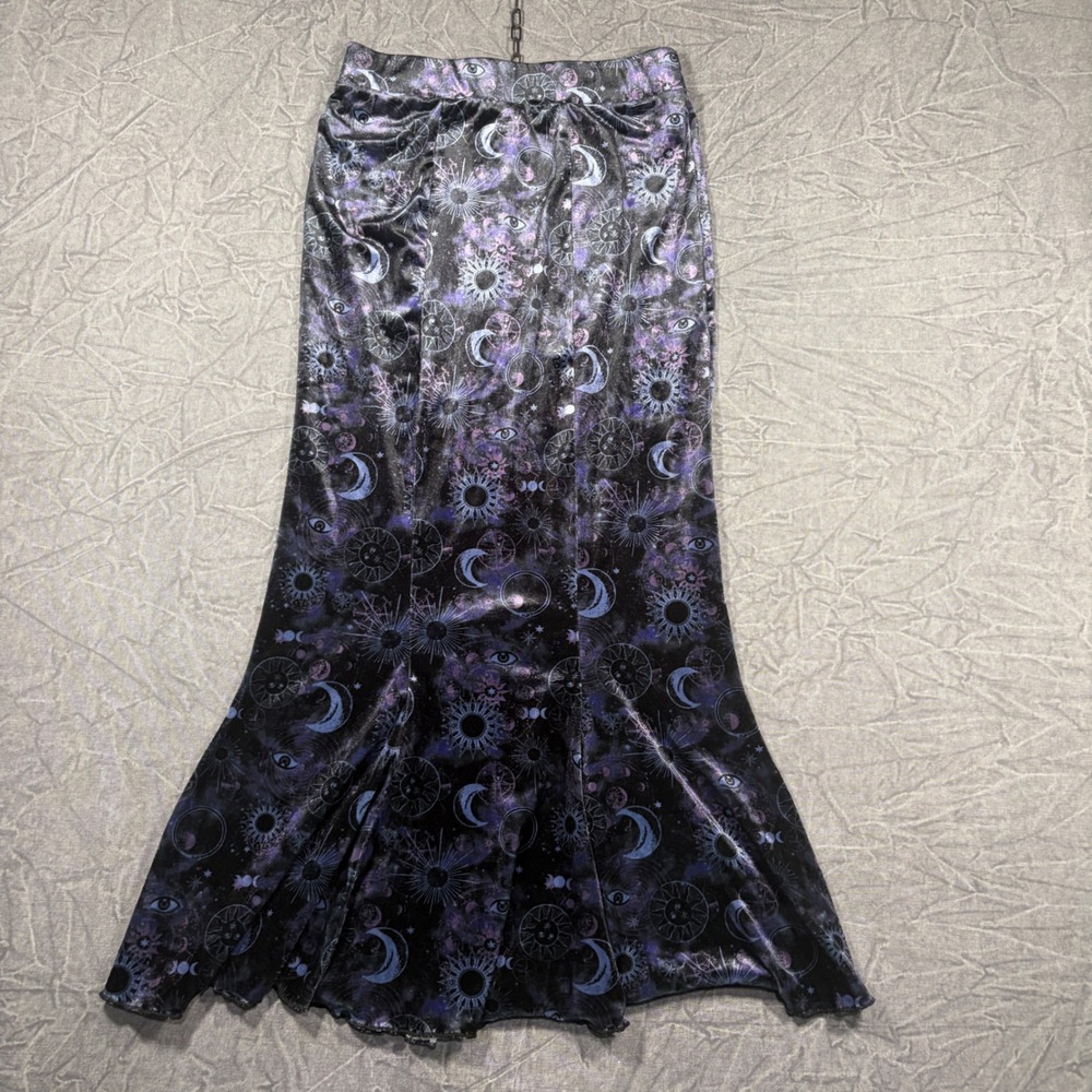 Cosmic Aura Maxi Skirt Women SM Purple Celestial Moon Velvet Flared Mermaid Goth